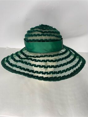 Vintage Emerald Green Dress Church Hat Grosgrain Velvet Zig Zag Mesh 1950s 60s